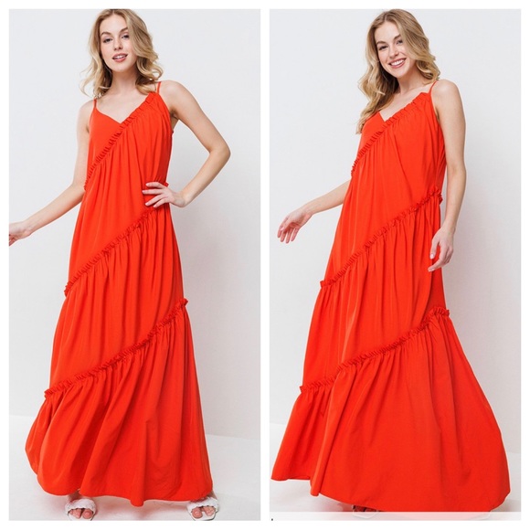 05 Boho Solid Ruffle Detailed Camisole Maxi Dress - Picture 2 of 6